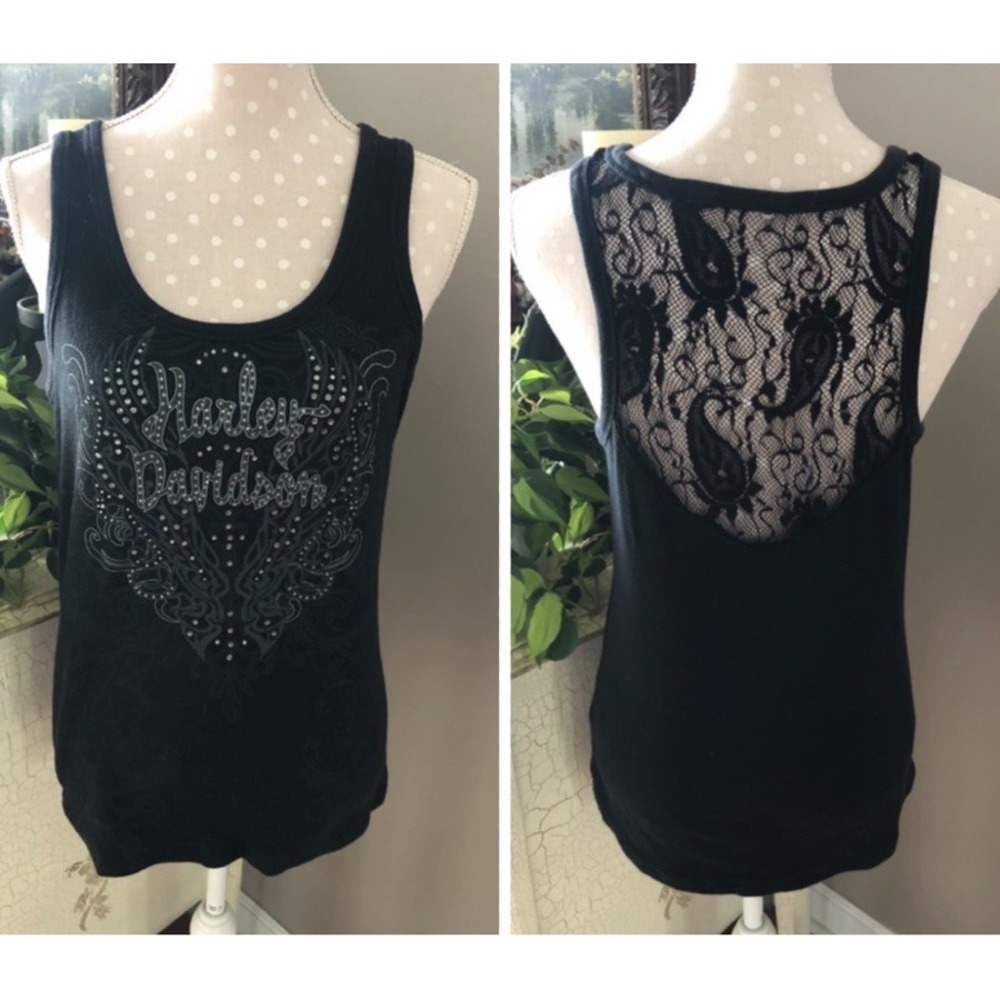 Harley Davidson Tank Top Black Lace Back Rhinestones Women's L/XL